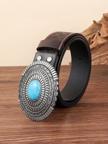 1入組女士綠松石裝飾橢圓形搭扣復古皮帶日常裝飾 - 咖啡棕 - 查看 1