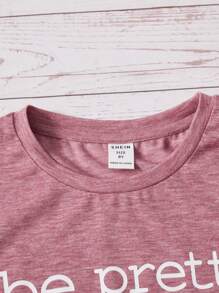 SHEIN 青少女心形和口號圖形t恤 - 藕粉色 - 查看 3