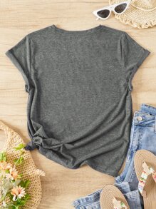SHEIN LUNE Áo thun nữ Hoạt hình Slogan Giải trí - Màu xám đen - Xem 2