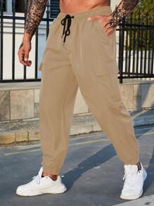 Manfinity Homme Men Flap Pocket Side Drawstring Waist Cargo Trousers - Khaki - View 4