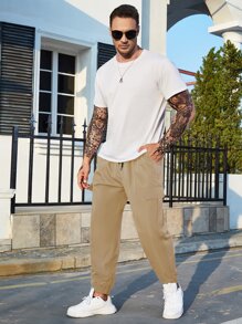 Manfinity Homme Men Flap Pocket Side Drawstring Waist Cargo Trousers - Khaki - View 6