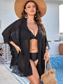 Plus Batwing Sleeve Chiffon Kimono - Black - View 7