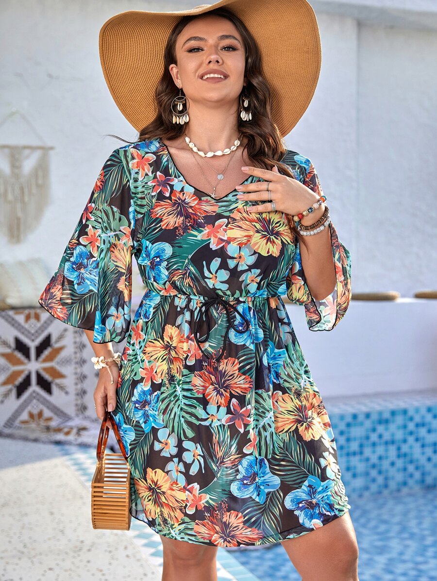 Swim Lushoire 大碼熱帶圖案罩衫洋裝 - 黑色 - 查看 1