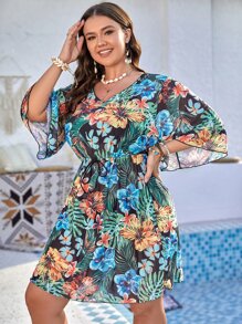 Swim Lushoire 大碼熱帶圖案罩衫洋裝 - 黑色 - 查看 6