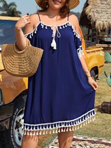 SHEIN VCAY Vestido de hombros descubiertos ribete con fleco con cordón delantero - Azul - Ver 3