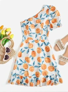 SHEIN VCAY Vestido con estampado de naranja de un hombro bajo con fruncido