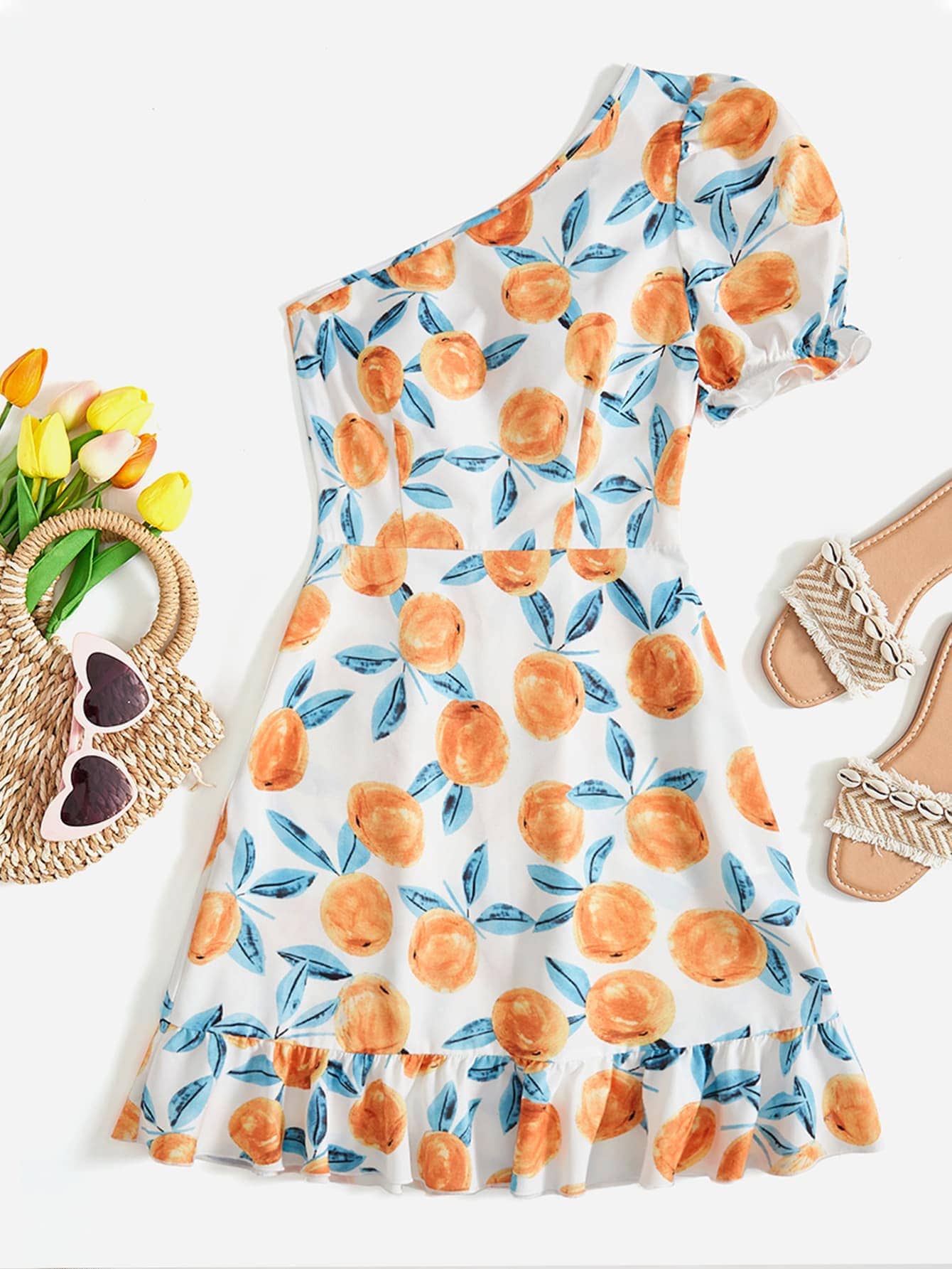 SHEIN VCAY Vestido con estampado de naranja de un hombro bajo con fruncido