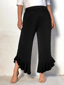 SHEIN Clasi Plus Ruffle Hem Flare Leg Pants - Black - View 1