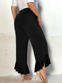 SHEIN Clasi Plus Ruffle Hem Flare Leg Pants - Black - View 4