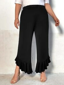 SHEIN Clasi Plus Ruffle Hem Flare Leg Pants - Black - View 6