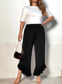 SHEIN Clasi Plus Ruffle Hem Flare Leg Pants - Black - View 7