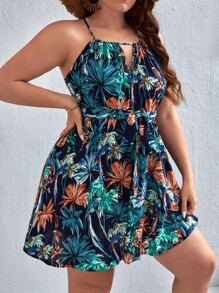 SHEIN VCAY Váy Boho mùa hè thắt lưng hở lưng in họa tiết nhiệt đới - Nhiều màu - Xem 5