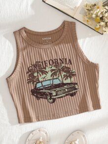 INAWLY Top tank crop con estampado de coche y letra tejido de canalé - Caqui - Ver 1