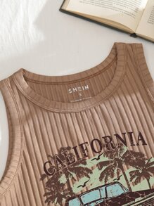 INAWLY Top tank crop con estampado de coche y letra tejido de canalé - Caqui - Ver 3