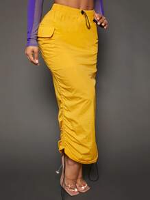 SHEIN SXY Falda de lápiz de cintura con cordón con bolsillo con solapa fruncido - Amarillo - Ver 1