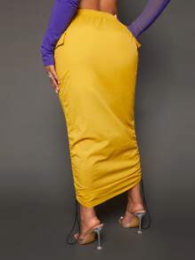 SHEIN SXY Falda de lápiz de cintura con cordón con bolsillo con solapa fruncido - Amarillo - Ver 2