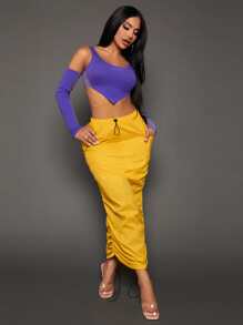 SHEIN SXY Falda de lápiz de cintura con cordón con bolsillo con solapa fruncido - Amarillo - Ver 4