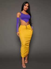 SHEIN SXY Falda de lápiz de cintura con cordón con bolsillo con solapa fruncido - Amarillo - Ver 6