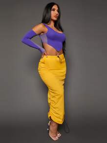 SHEIN SXY Falda de lápiz de cintura con cordón con bolsillo con solapa fruncido - Amarillo - Ver 7