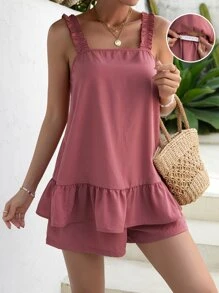 SHEIN Maternity Ruffle Hem Wide Strap Top & Adjustable Waist Shorts - Dusty Pink - View 3