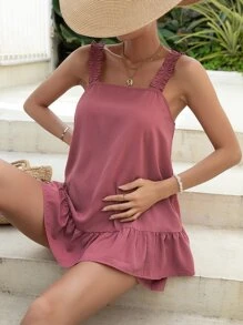 SHEIN Maternity Ruffle Hem Wide Strap Top & Adjustable Waist Shorts - Dusty Pink - View 6