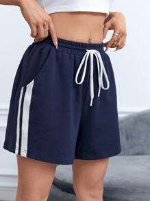 SHEIN EZwear Contrast Side Seam Drawstring Waist Track Shorts