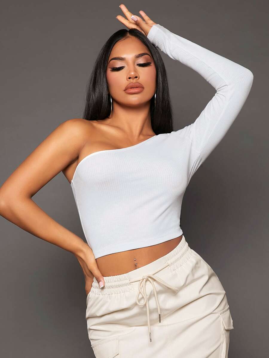 SHEIN SXY Top crop de un hombro tejido de canalé - Blanco - Ver 1