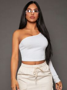 SHEIN SXY Top crop de un hombro tejido de canalé - Blanco - Ver 3