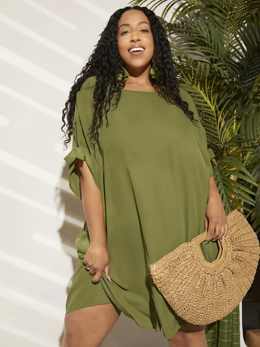 SHEIN CURVE+ 大碼素色打結袖口連衣裙 - 軍綠色 - 查看 1