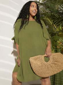 SHEIN CURVE+ 大碼素色打結袖口連衣裙 - 軍綠色 - 查看 3