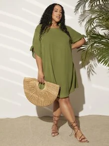 SHEIN CURVE+ 大碼素色打結袖口連衣裙 - 軍綠色 - 查看 4