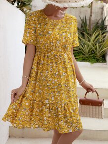 SHEIN Maternidad Vestido floral bajo con fruncido - Mostaza Amarilla - Ver 5