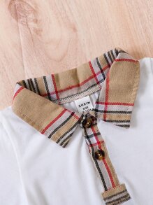 SHEIN Vintaside Kids 男嬰格紋印花Polo領連身短褲和帽