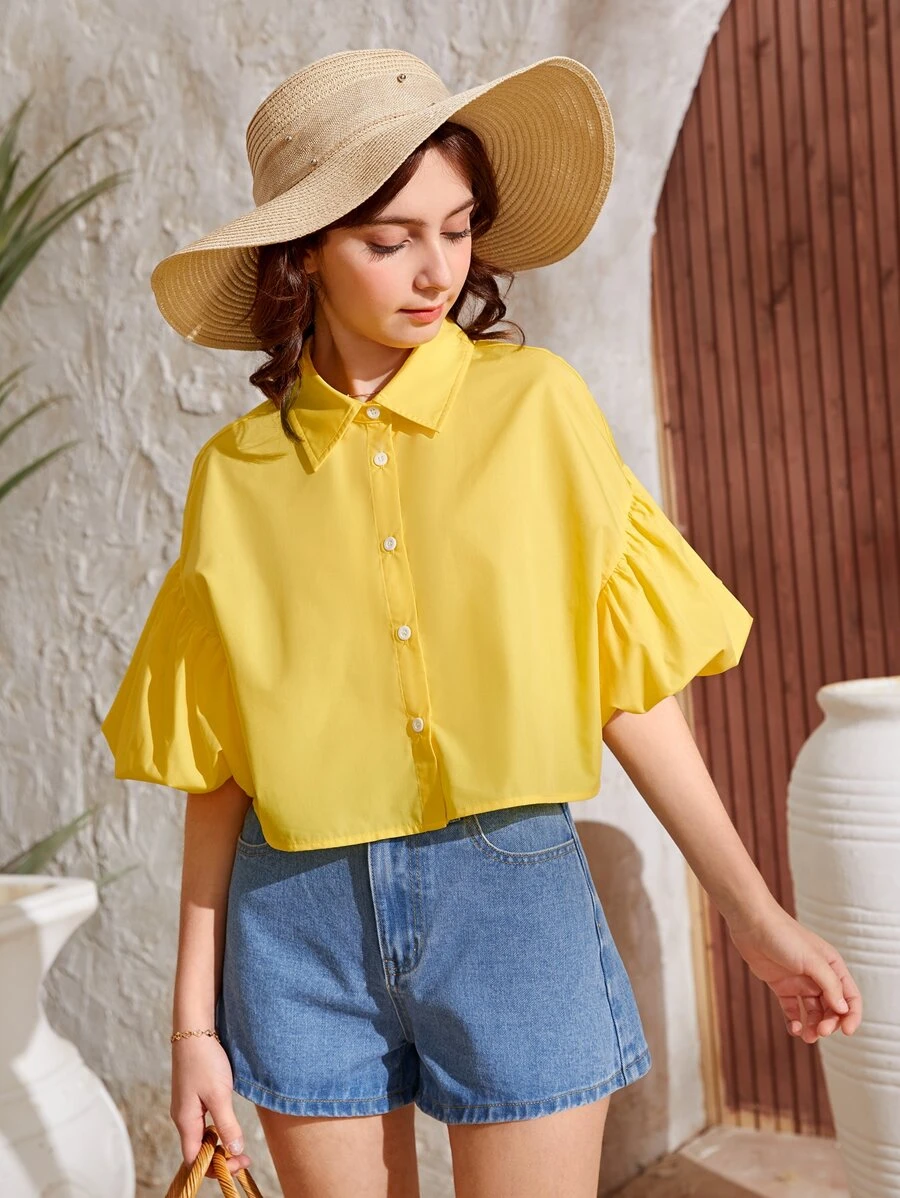 SHEIN Teen Girls Puff Sleeve Button Front Shirt - Yellow - View 1