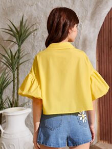 SHEIN Teen Girls Puff Sleeve Button Front Shirt - Yellow - View 2