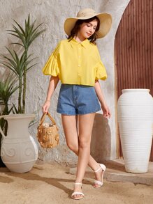SHEIN Teen Girls Puff Sleeve Button Front Shirt - Yellow - View 4