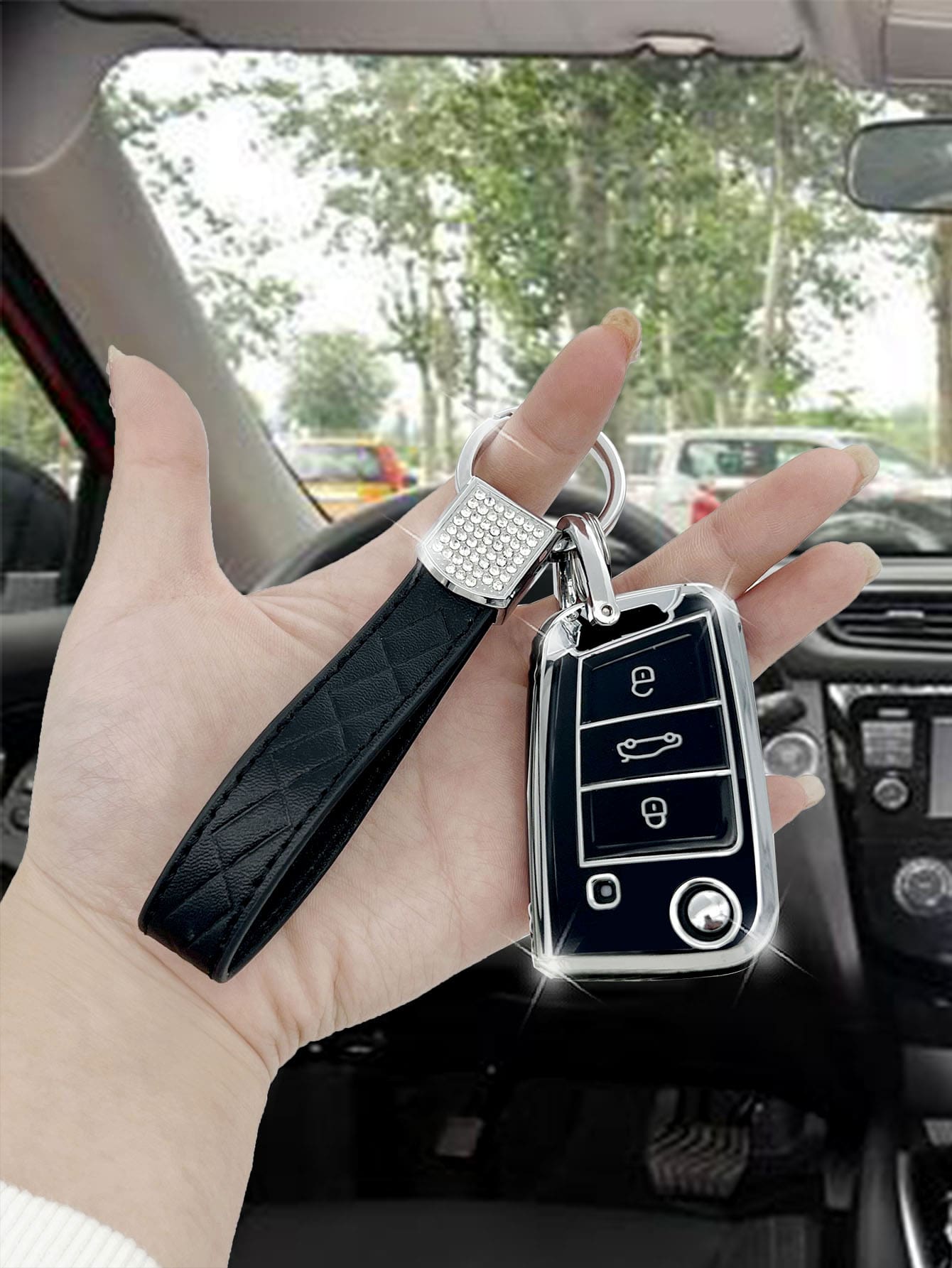 1set Keychain & Car Key Case Compatible With Volkswagen Sagitar, Key Fob Cover - Black - View 1