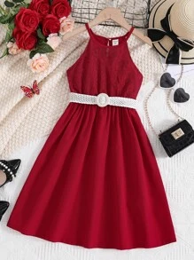 Girls Contrast Lace Halter Neck Dress With Belt - Burgundy - View 1