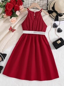Girls Contrast Lace Halter Neck Dress With Belt - Burgundy - View 2
