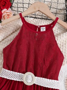 Girls Contrast Lace Halter Neck Dress With Belt - Burgundy - View 4