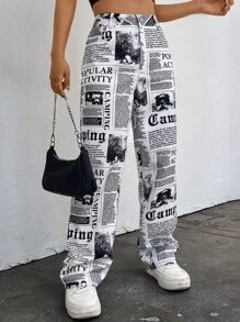 SHEIN EZwear Quần nữ Nút Túi Dây kéo Tất cả trên in Giải trí - Đen và trắng - Xem 1