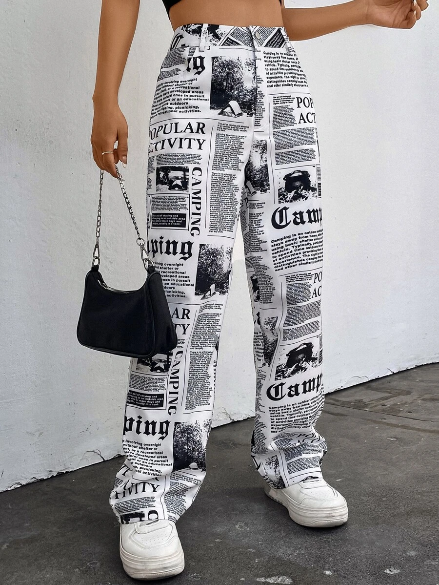 SHEIN EZwear Quần nữ Nút Túi Dây kéo Tất cả trên in Giải trí - Đen và trắng - Xem 1