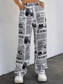 SHEIN EZwear Quần nữ Nút Túi Dây kéo Tất cả trên in Giải trí - Đen và trắng - Xem 3