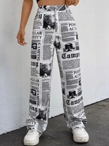 SHEIN EZwear Quần nữ Nút Túi Dây kéo Tất cả trên in Giải trí - Đen và trắng - Xem 5