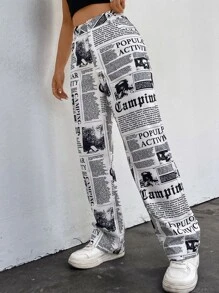 SHEIN EZwear Quần nữ Nút Túi Dây kéo Tất cả trên in Giải trí - Đen và trắng - Xem 7