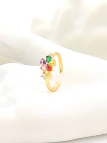 Cubic Zirconia Flower Decor Cuff Ring - Multicolor - View 1
