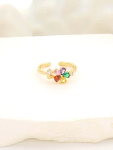 Cubic Zirconia Flower Decor Cuff Ring - Multicolor - View 3