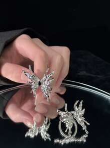 2入組/套蝴蝶裝飾戒指 - 銀色 - 查看 3