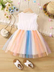 SHEIN Toddler Girls Colourblock Mesh Hem Dress - Multicolor - View 2