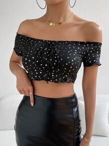 SHEIN Privé Gold Heart Print Off Shoulder Knot Front Crop Top - Multicolor - View 1